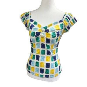 Collectif Vintage Sweetheart Geometric Retro Pinup Feminine Blouse Sz S